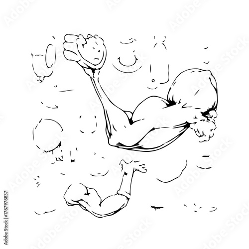 Strong muscle illustration of muscular biceps flexing with underlying abstract pattern emphasizing