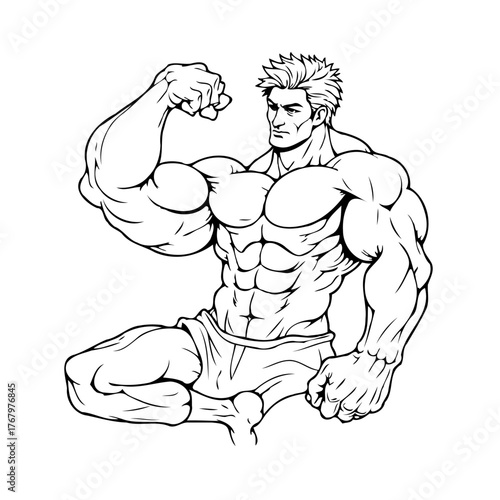 Strong physique outlined illustration showcasing muscular definition and intense workout regime