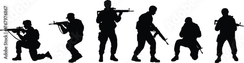 Soldier silhouettes, armed forces vector, military poses, tactical stance, rifle action, combat-ready figures, black icons, defense theme, warfare illustration, army graphic