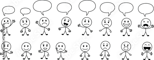 Stick figure emotions, facial expression chart, cartoon mood illustration, emotional diversity, speech bubble template, psychological education, empathy training, character emotion guide