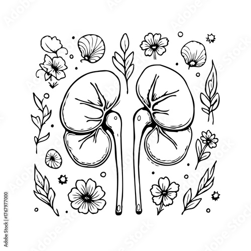Stylized kidney illustration with floral and botanical elements creating a unique medical artwork