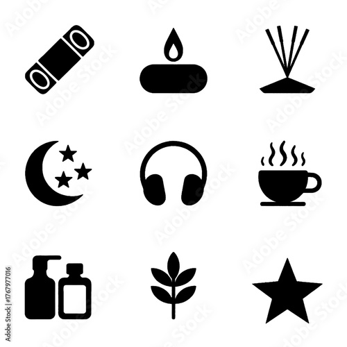Collection of black silhouette icons representing wellness, relaxation, and self-care items including candle, incense, headphones, coffee, skincare bottles, leaf, moon with stars, and star symbol.