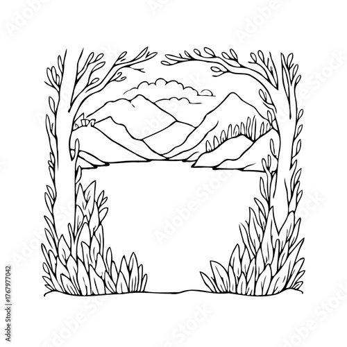 Stylized mountain vista landscape with serene lake outlined and framed by foliage and bare trees