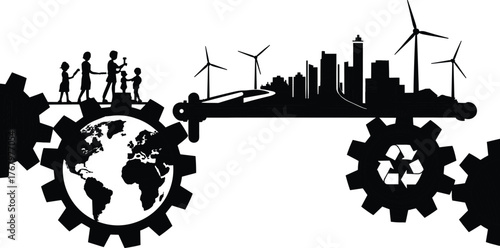 Sustainability and technology cycle illustration, human society and environment vector, globe gear cityscape icon pack, renewable energy and development graphic