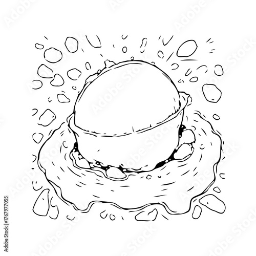 Stylized single ice cream scoop resting in a bowl with splatters, a black and white illustration