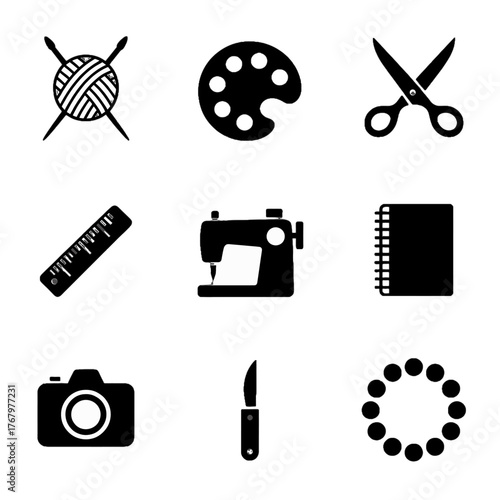 Collection of black and white icons representing various craft and hobby tools including knitting, painting, sewing, and photography equipment.