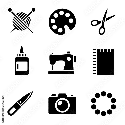 Collection of black silhouette icons representing various craft and hobby tools including knitting, painting, sewing, and photography equipment.