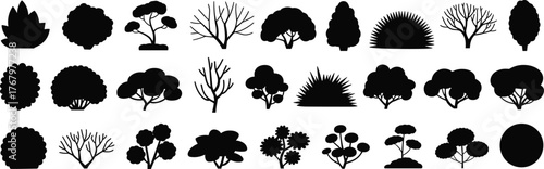 Tree and bush silhouette set, black botanical icons, landscape design elements, plant shape variations, nature illustration grid, vector foliage design