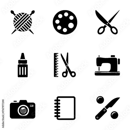 Set of black silhouette icons representing crafting and sewing tools including knitting needles, scissors, sewing machine, camera, notebook, and paint palette.