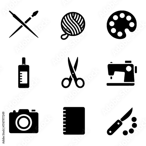 Collection of black silhouette icons representing various craft and hobby tools including paintbrushes, yarn, palette, glue, scissors, sewing machine, camera, notebook, and knife with beads.