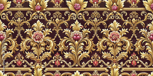 Elegant vintage floral damask pattern in rich burgundy and gold tones.