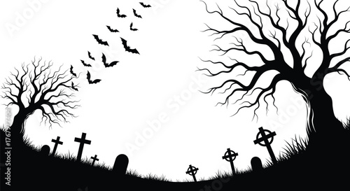 Spooky Vector Graveyard Scene with Bare Trees, Flying Birds, and Cross Tombstones Silhouette at Night in a Dark Eerie Landscape Illustration