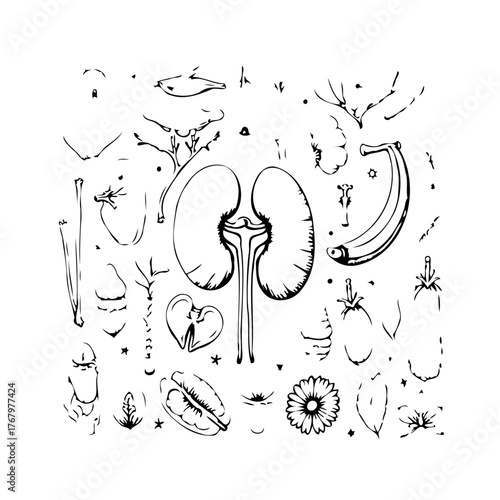 Whimsical anatomical illustration portraying human kidneys surrounded by an assortment of fruits