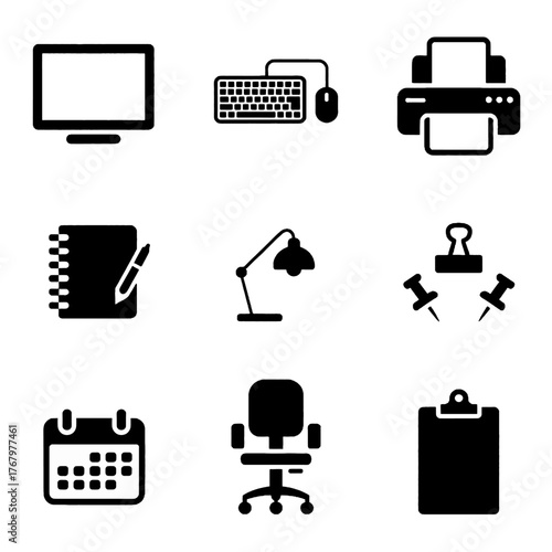 Set of office and workspace icons including computer, printer, desk lamp, calendar, chair, clipboard, notebook, and pushpins