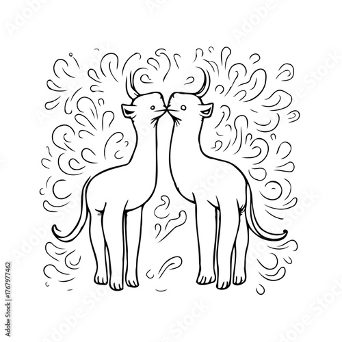 Whimsical Antelope Rendezvous A Black and White Illustration of Two Antelopes Meeting Noses in an