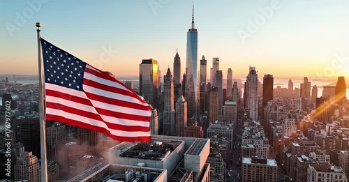 American flag waving in front of the New York City skyline at sunset.