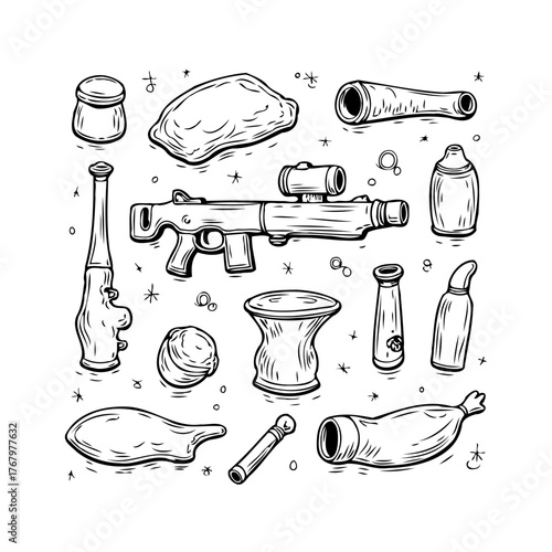 Whimsical assortment of hand-drawn items creating a unique and imaginative composition with