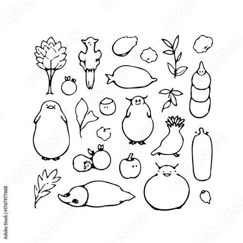 Whimsical black and white doodle collection featuring nature elements and cartoonish creatures