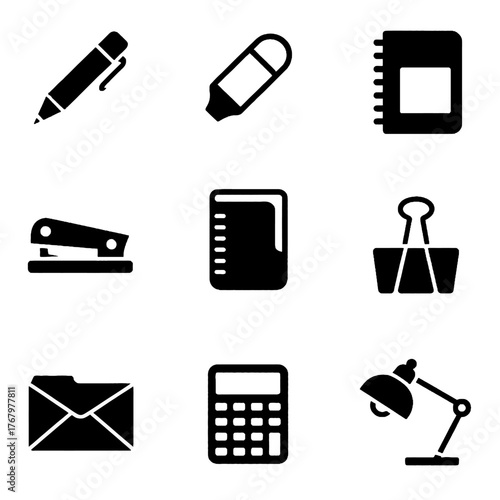 Set of office supplies icons including pen, eraser, notebook, stapler, binder, paper clip, envelope, calculator, and desk lamp