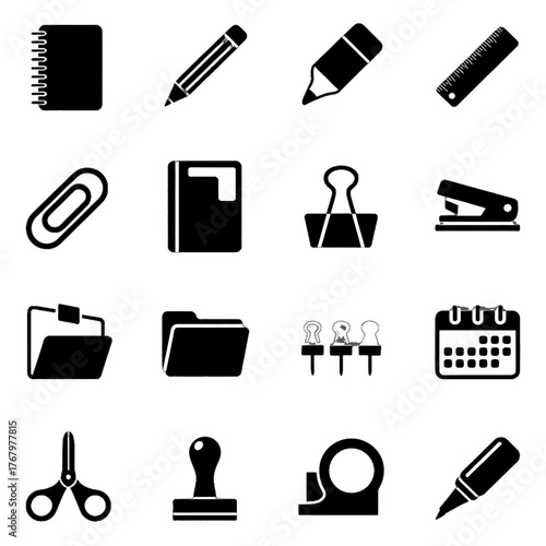 Collection of black and white office supply icons including notebook, pencil, ruler, paperclip, folder, calendar, scissors, stamp, and pen