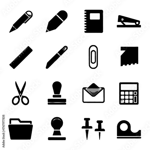 Collection of office and stationery icons including pens, scissors, calculator, folder, and other common tools