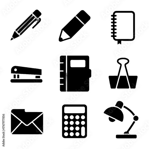 Set of black and white office and school supply icons including pencil, pen, notebook, stapler, binder, beaker, envelope, calculator, and desk lamp