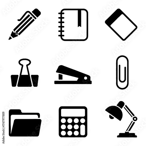 Set of office supply icons including pencil, notebook, eraser, binder clip, stapler, paperclip, folder, calculator, and desk lamp