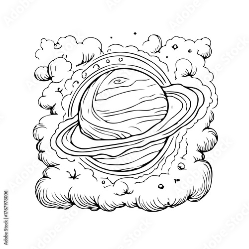 Whimsical celestial scene featuring a ringed planet nestled amidst fluffy clouds creating ethereal
