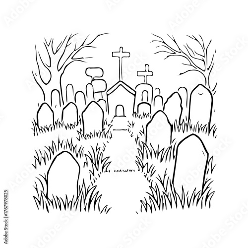 Whimsical Cemetery Illustration with Tombstones and Crosses Creating a Spooky Yet Peaceful Scene