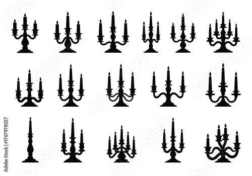 Vector collection of elegant candelabra silhouettes, various designs, isolated black candle holders, graphic illustration, studio white background, minimalistic viewpoint