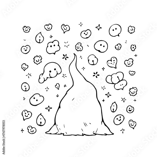 Whimsical cloud formation with endearing faces amidst twinkling starbursts and floating hearts a