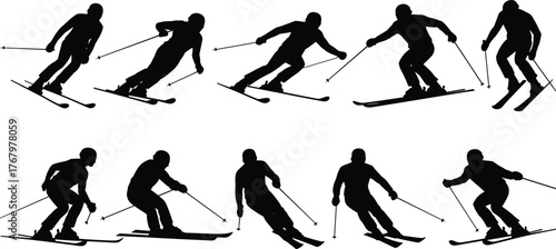 Skiing silhouette illustration, dynamic skier poses, winter sports vector, black and white design, motion technique, ski action set, snow activity