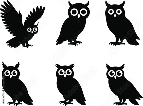 Owl silhouette illustration set, perched and flying bird vector, black and white design, expressive eye detail, nocturnal wildlife pose pack