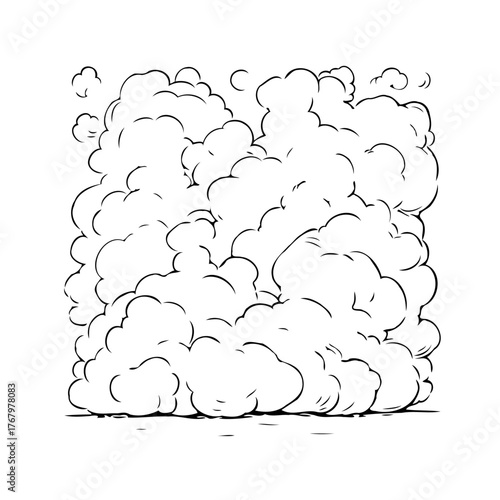 Whimsical cloudscape hand drawn illustration featuring a multitude of fluffy cloud formations in