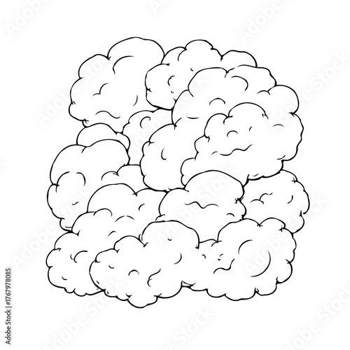 Whimsical cloudscape illustration featuring fluffy forms and dynamic line work creating a stylized