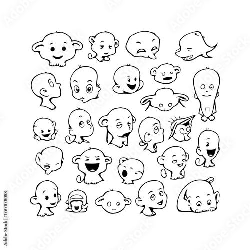 Whimsical collection of character illustrations featuring a diverse array of emotive cartoon head