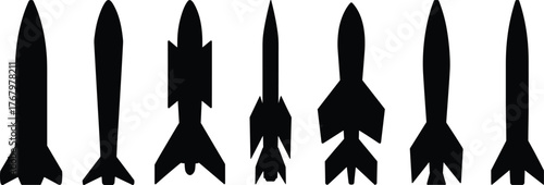 Rocket silhouette illustration set, multistage aerospace vector, black and white design, aerodynamic fin variation, space launch vehicle shape pack