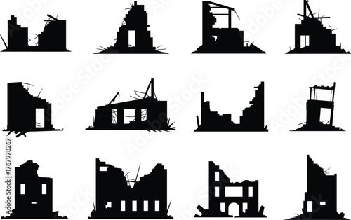 Ruined building silhouette set, destroyed architecture icons, urban decay visual, post-apocalyptic design, black and white grid, disaster damage, collapse concept
