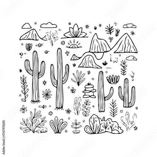 Whimsical desert landscape sketch featuring cactuses mountains and southwestern flora with naive