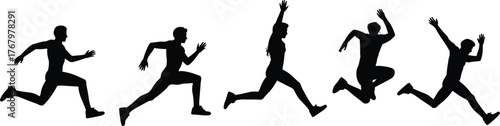 Running silhouette sequence, jumping motion illustration, athletic figure vector, dynamic movement stages, black and white design, sports biomechanics, action pose set