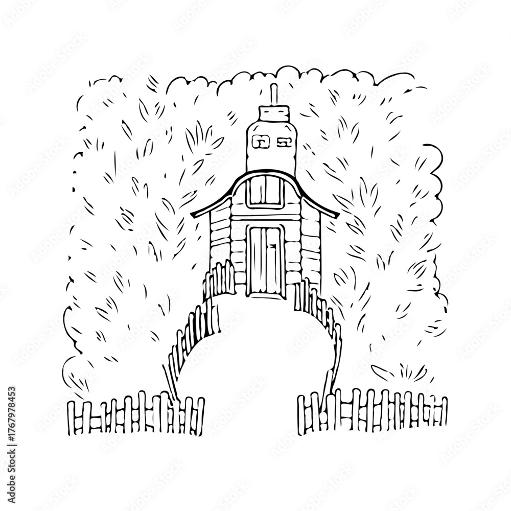 Fototapeta premium Whimsical dwelling atop hill, enchanting architecture nestled amidst lush greenery, creating