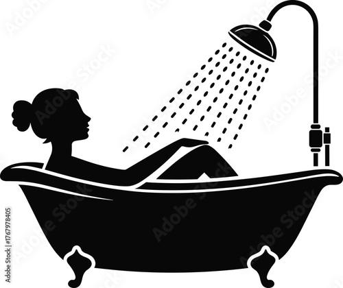 WebSilhouette person bathing, vintage clawfoot tub, shower scene illustration, black and white vector, hygiene concept, relaxing moment, bathroom design