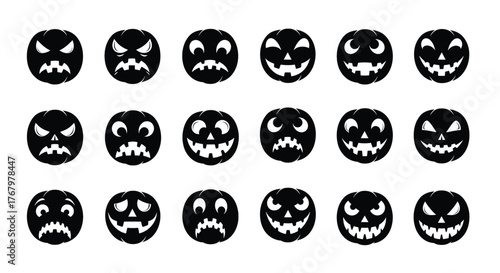 Vector collection of Halloween pumpkin faces with scary and funny expressions, graphic design set, isolated on white background, digital illustration