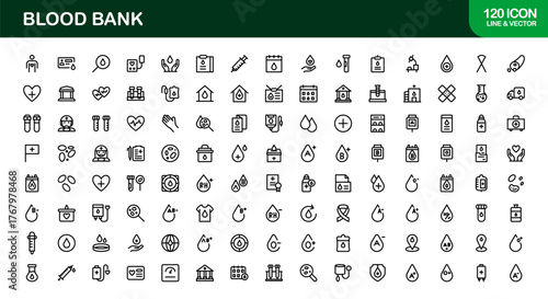 Blood Bank Icons – Professional Line Icon Set – Modern, Minimal Vector Collection for Medical Donation, Transfusion, and Healthcare Systems