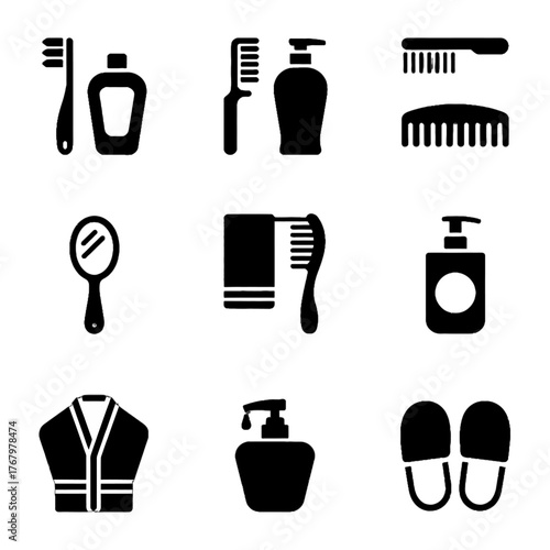 Set of black silhouette icons representing personal grooming and bathroom items including toothbrush, comb, mirror, towel, soap dispenser, robe, and slippers.