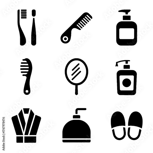Set of black silhouette icons representing personal care and grooming items including toothbrush, comb, soap dispenser, mirror, robe, hairdryer, and slippers.