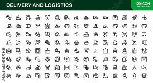 Delivery and Logistics Icon Set in Vector Style Featuring Shipping, Transport, Package, and Supply Chain Symbols