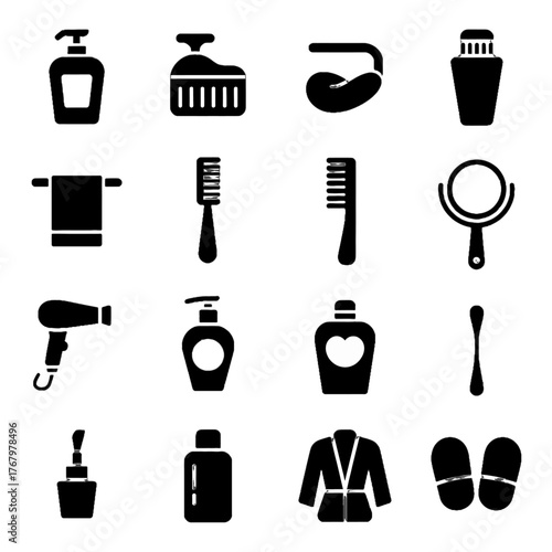 Collection of black silhouette icons representing personal care and bathroom items including bottles, combs, towel, mirror, hairdryer, robe, and slippers.