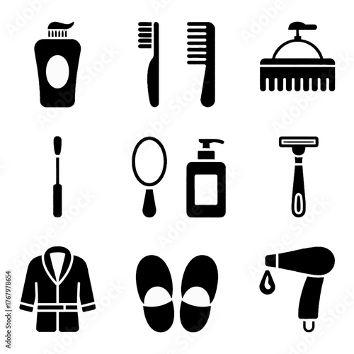 Collection of personal grooming and bathroom essentials icons