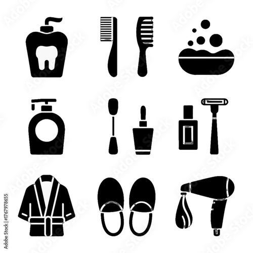 Collection of personal care and grooming icons including toothpaste, toothbrush, comb, soap, shampoo, nail polish, razor, robe, slippers, and hairdryer
